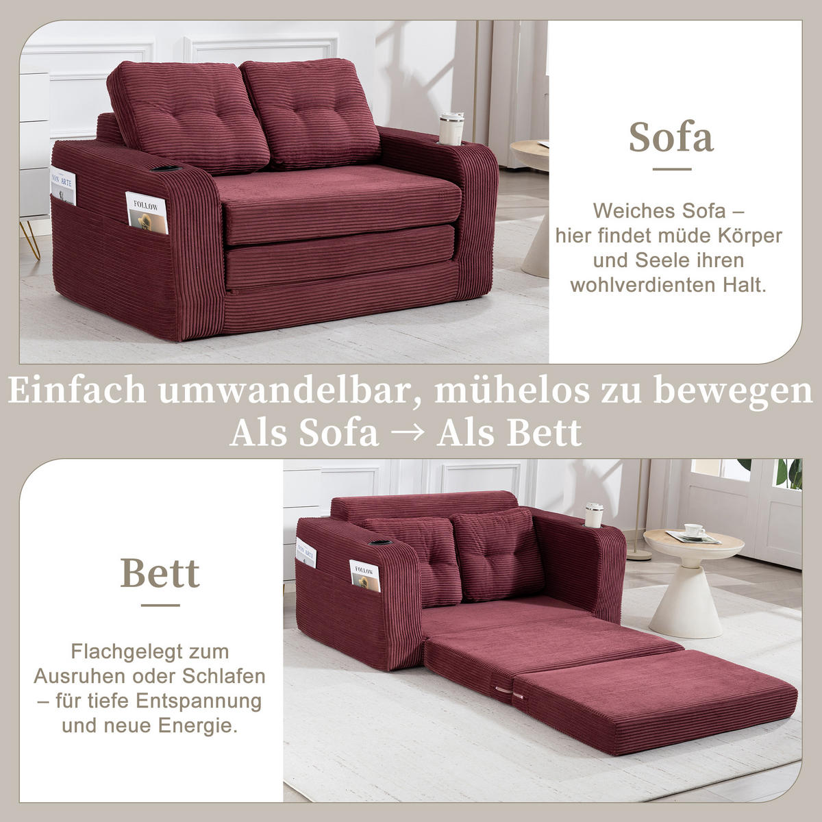 SCHLAFSOFA in Rotwein Cord mit Getränkehalter und Seitentaschen - Weinrot, Textil (136/82.5/80cm) - Oxeza