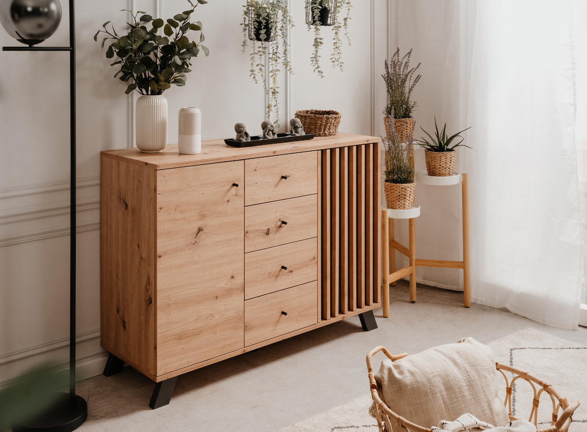 KOMMODE Eiche Artisan, grau 120 cm, Sideboard mit 3D-Lamellen - Anthrazit/Schwarz, Holzwerkstoff/Metall (120/85/38cm) - Furn.Design