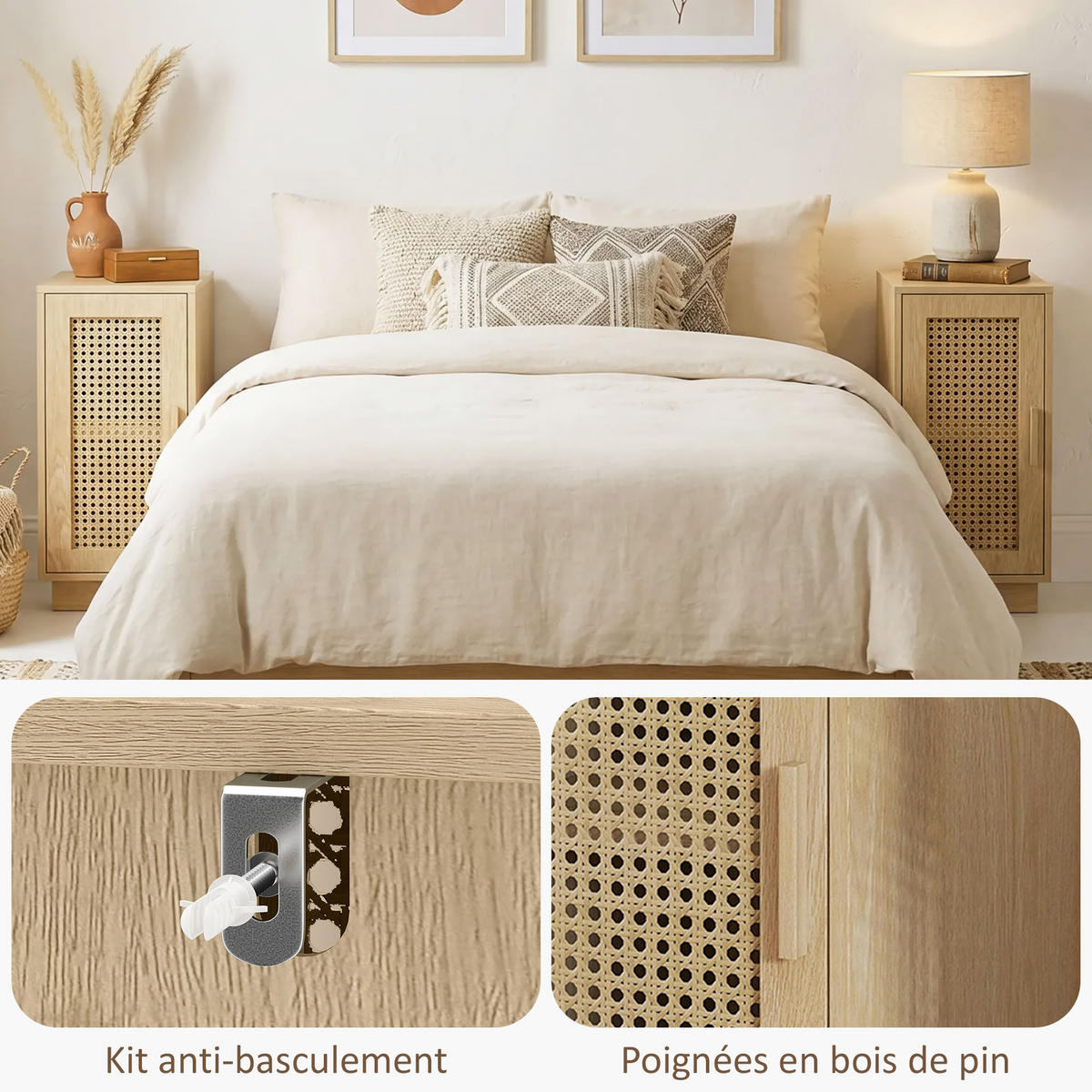 NACHTSCHRANK DE-12977 verstellbares Regal und geflochtene Tür Naturholz - Naturfarben, Holzwerkstoff (25/60/30cm) - ComfortXL