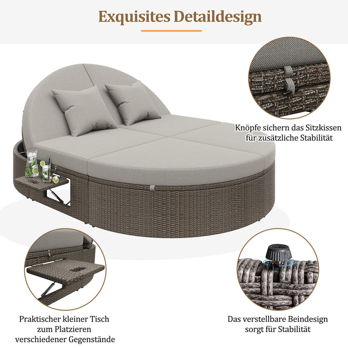 DOPPELLIEGE, 2 Personen, Verstellbar, Rattan, Klapptisch, Grau - Grau, Metall (140.5/41.9/199.9cm) - FLIEKS