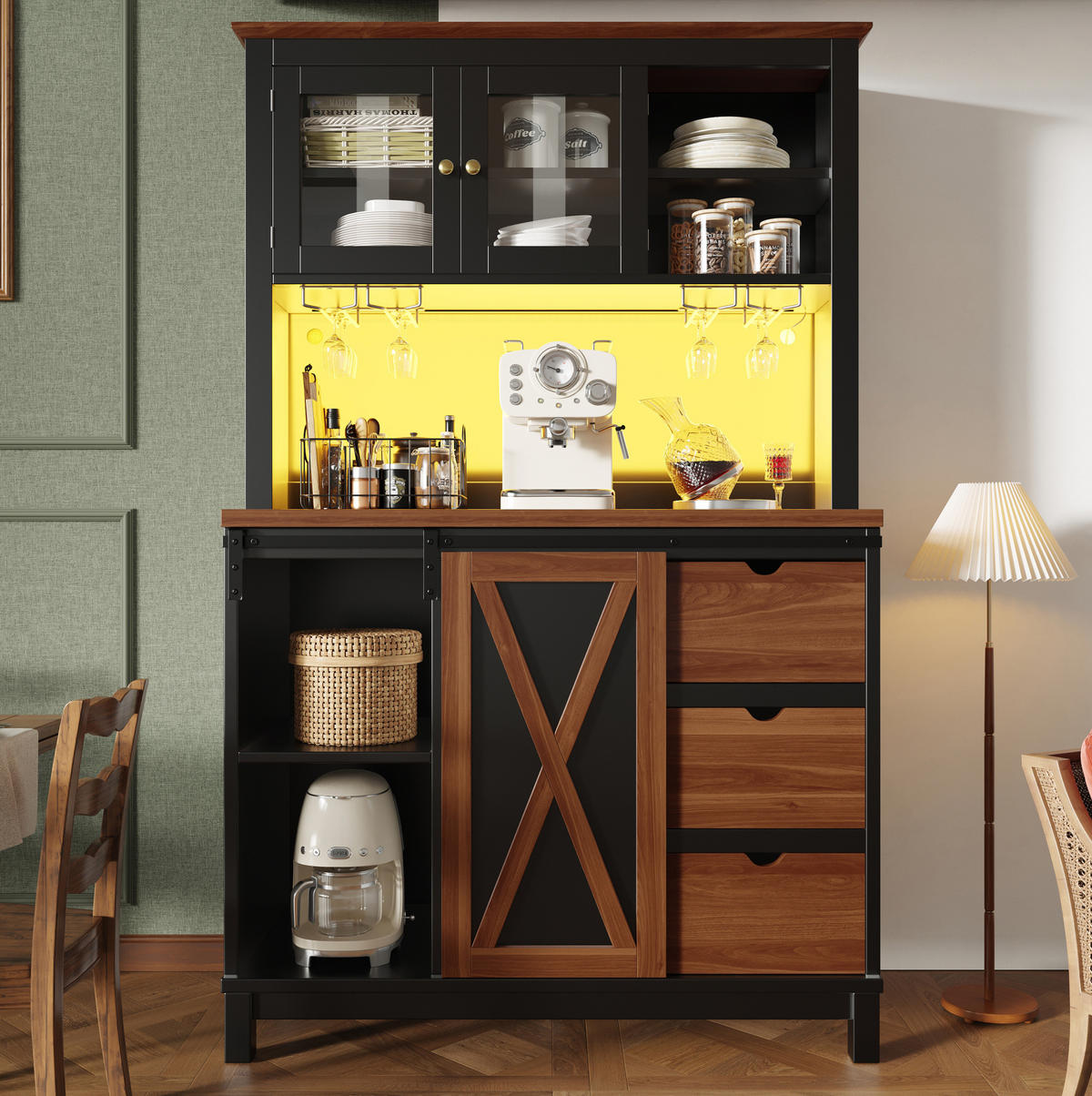 HOCHSCHRANK 104/40/180 cm mit LED-Beleuchtung, Schiebetür und verstellbaren Einlegeböden, Glasfront aus MDF/Metall, Schwarz - Schwarz, Glas (104/180/40cm) - Redom