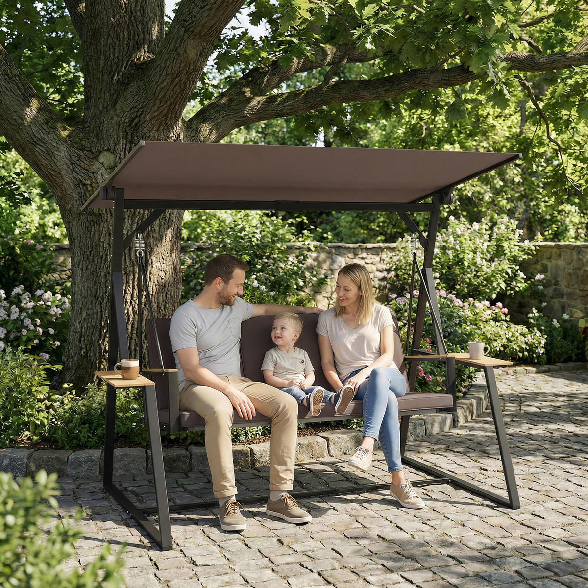 GARTENSCHAUKEL mit Tablett, Dreisitzer-Schaukel, braun - Braun, Metall (132/78.5/398.5cm) - Vallsero