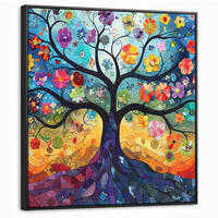 LEINWAND Bilder mit Rahmen - Kunst - Baum des Lebens - Blumen - Hippie - 90x90 - Dunkelblau, Textil (90/90cm) - MuchoWow