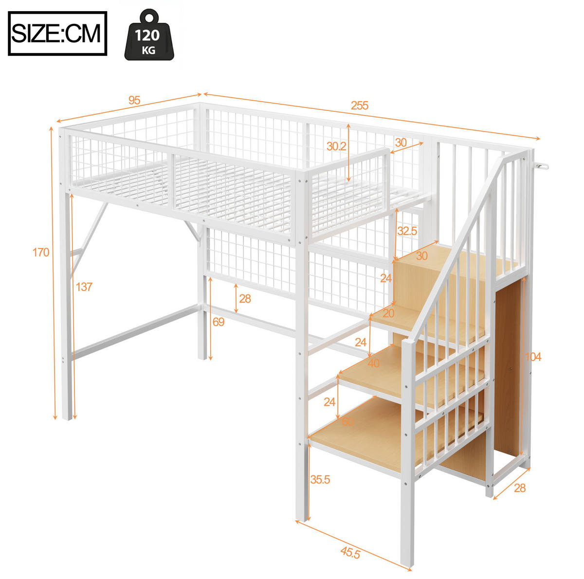 HOCHBETT 90/200 cm mit LED-Beleuchtung, Treppe mit Stauraum und Kleiderschrank, Metall, Weiß/Schwarz - Weiß, Metall (90/200cm) - Redom