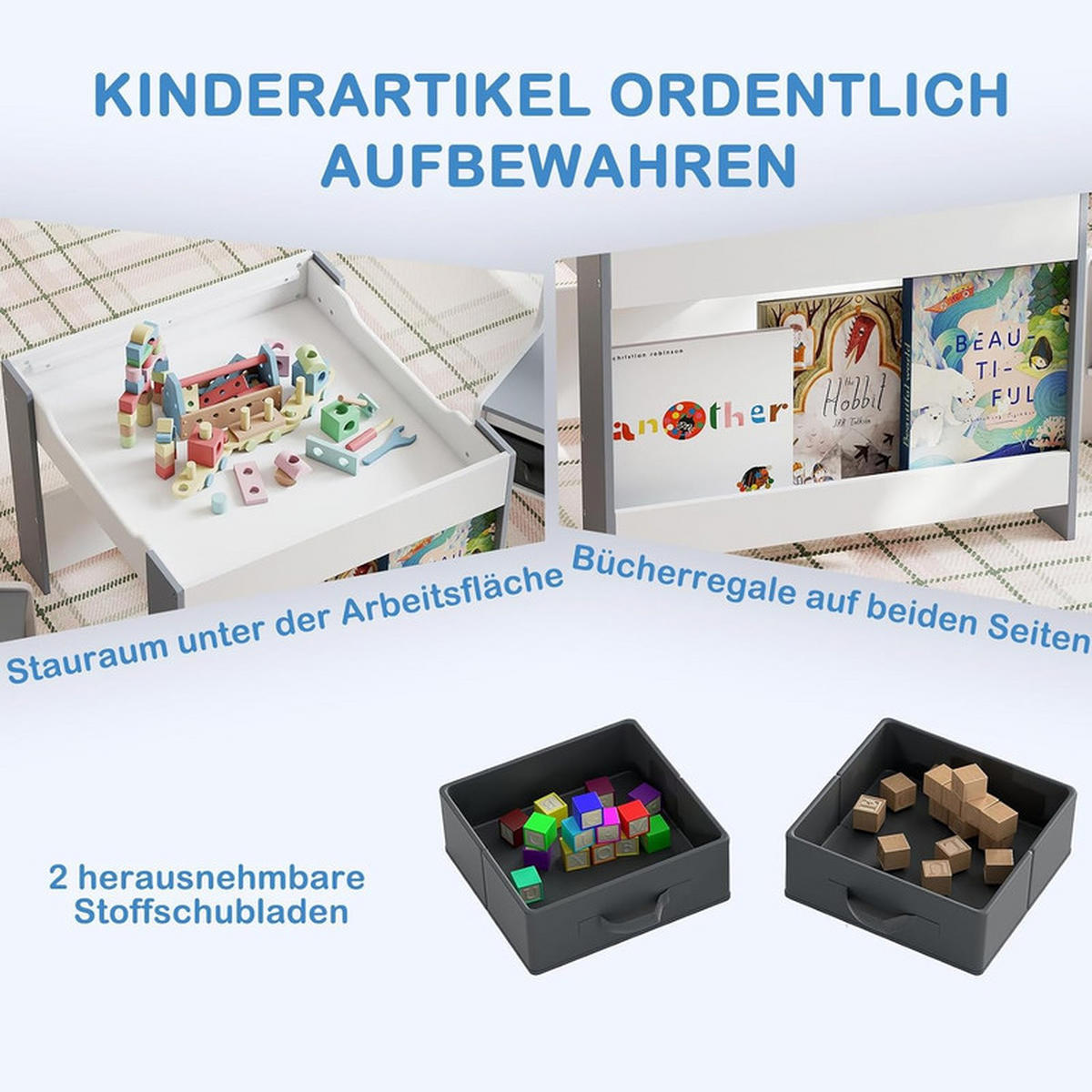 KINDERTISCH mit Stuhl grau(3-tlg) - Grau, Holzwerkstoff (61.5/48/61.5cm) - COSTWAY
