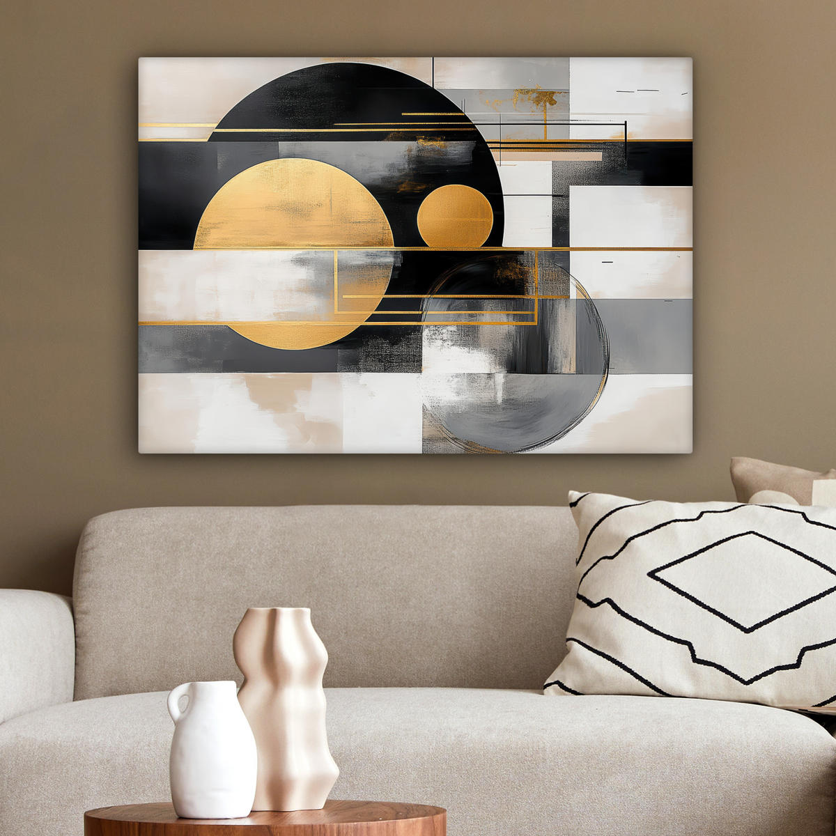 LEINWANDBILD Abstrakt - Gold - Silber - Formen - Ästhetisch - Modern Wandbilder 80x60 cm - Goldfarben, Textil (80/60cm) - MuchoWow