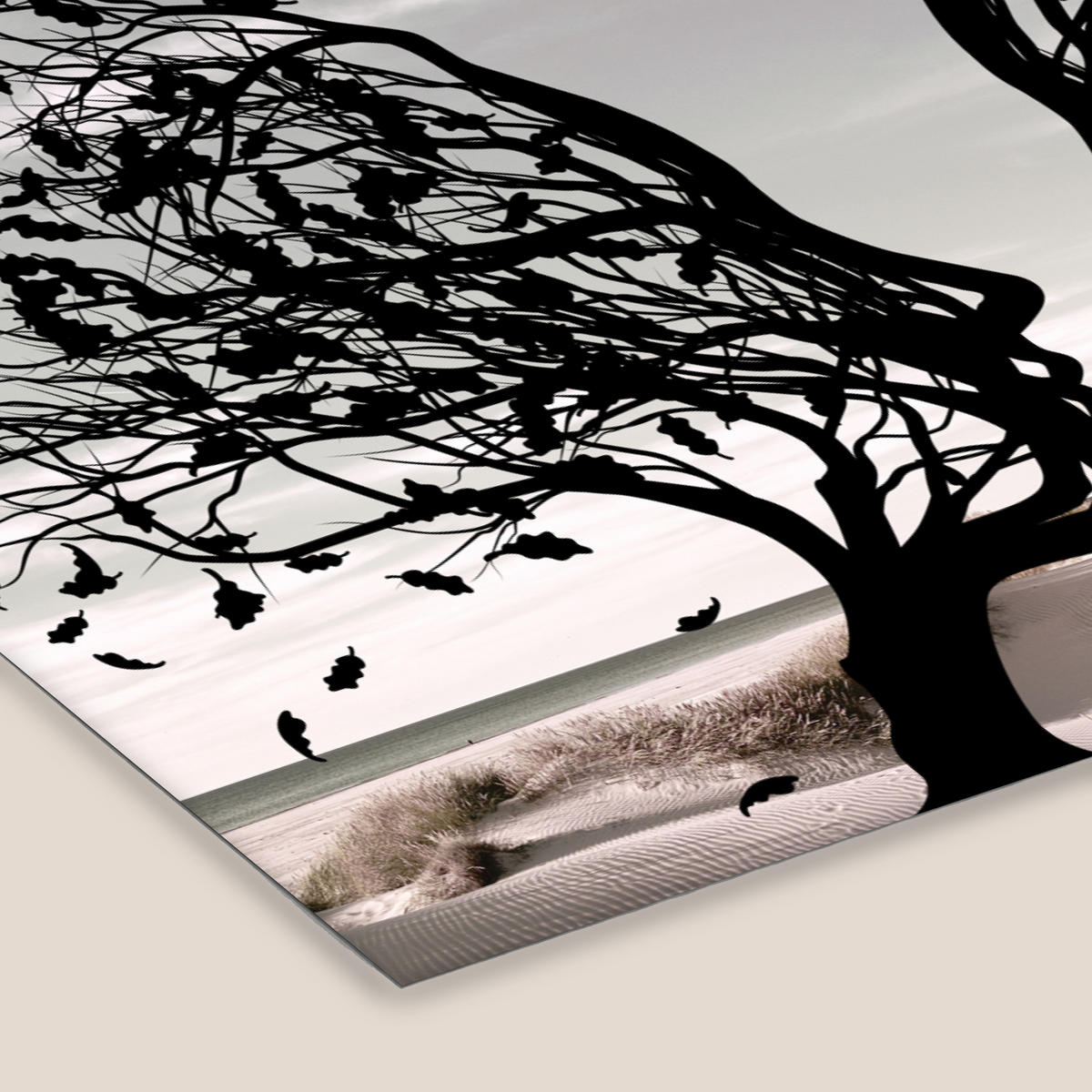 POSTER MIT RAHMENGERAHMTES BILD Strand - Meer - Menschen - Baum - Moderne Kunst 120x80 cm - Hellgrau, Papier (120/80cm) - MuchoWow