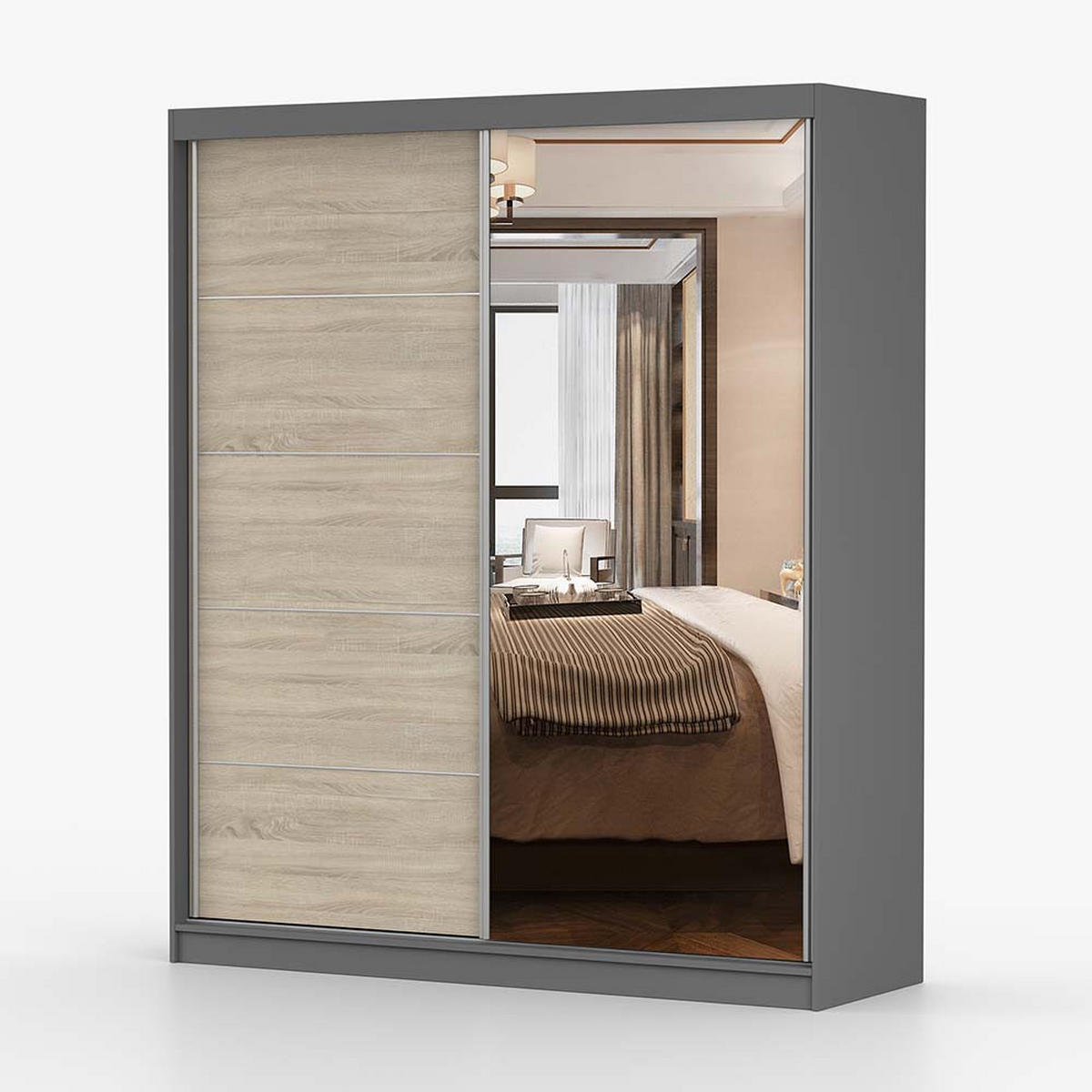 SCHWEBETÜRENSCHRANK 183/218/61 cm 2-türig Bella 03 Grau, Sonoma Eiche - Alufarben/Grau, Glas/Holzwerkstoff (183/218/61cm) - imoebel24