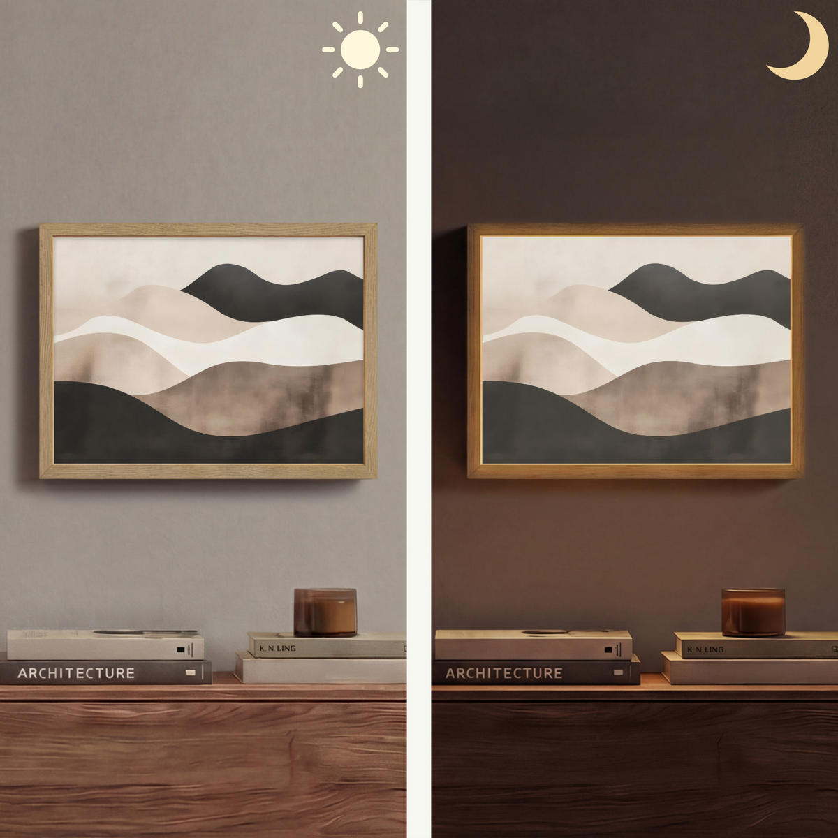 NÁSTĚNNÁ LAMPA S AKUMULÁTOREM Abstraktní - Krajina - Vlny - Krémová barva 40x30 cm - šedohnědá, kompozitní dřevo (40/30/8cm) - OnlyWow
