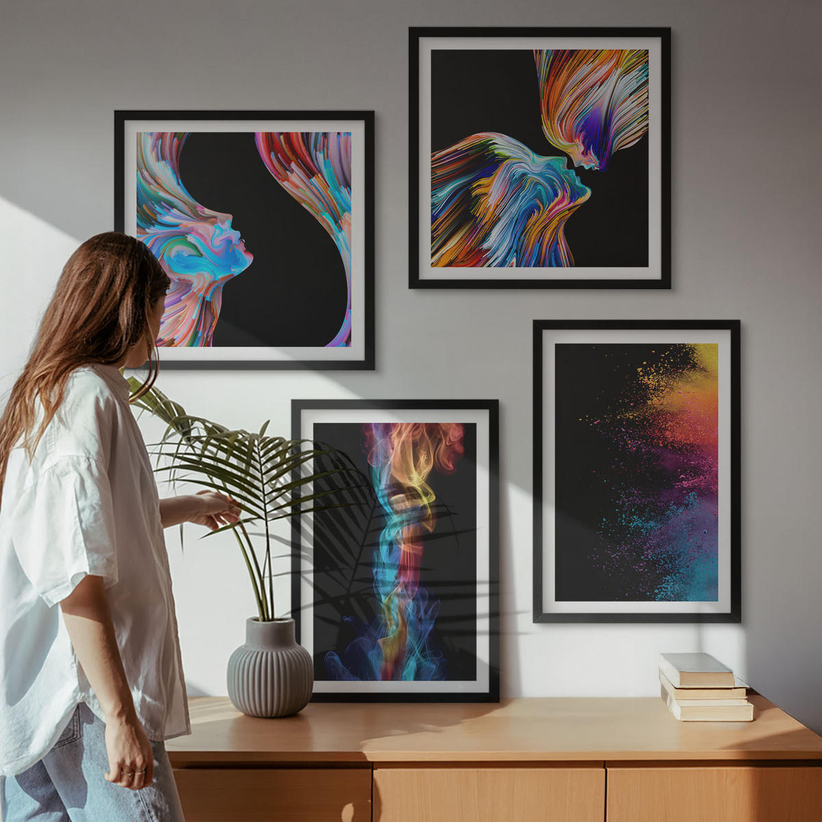 WANDBILDER 4er-Set - 50x50 cm & 40x60 cm Schwarzer Rahmen - Farbenfrohe Abstraktionen, Gesichter, Formen - Schwarz, Kunststoff (50/50cm) - ArtPrintCave