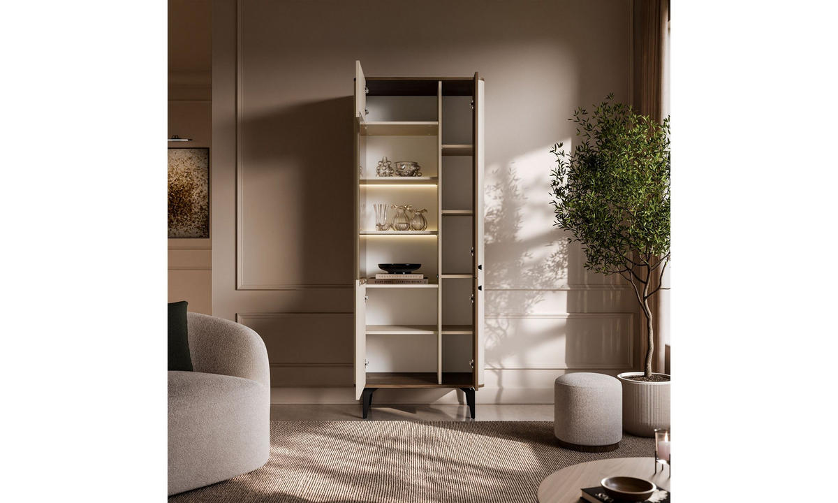 VITRINE MOCHA 73/40/190 cm Glasfront ohne LED Kaschmir/Nussbaum Royal - Kaschmir/Schwarz, Holzwerkstoff/Kunststoff (73/190/40cm) - Lookway