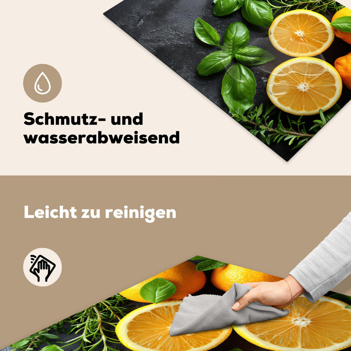 HERDABDECKPLATTE Obst - Grau - Konkret - Orange - Pflanzen Induktionsmatte 77x51 cm - Anthrazit, Kunststoff (77/51/0.2cm) - MuchoWow