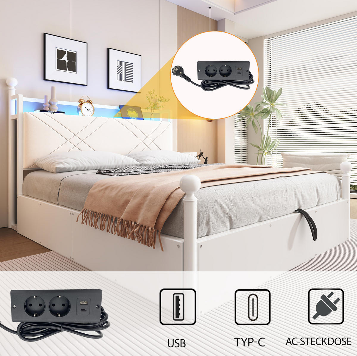 JUGENDBETT Himmelbett 140/190 cm aus Metall mit LED USB-C und Bettkasten Weiß - Weiß, Metall (140/190cm) - Modenvie