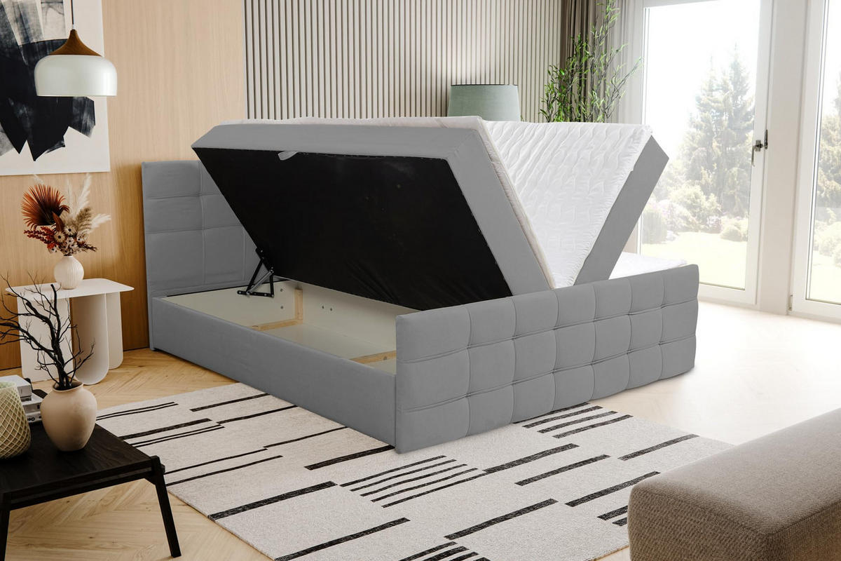 BOXBETT NATALIE mit 2 Bettkästen, 140x200, Farbe: Grau, Velourstoff, mit Bonell-Matratze inkl. Topper - Grau, Holz/Kunststoff (140/200cm) - VENASI MÖBEL