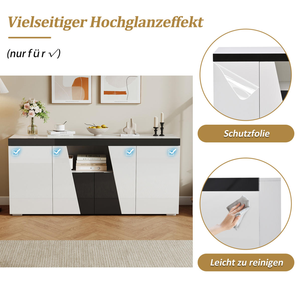 SIDEBOARD 140/40/65 cm aus Spanplatte mit LED-Beleuchtung, 4 Türen und verstellbaren Einlegeböden, Weiß/Schwarz - Weiß, Holzwerkstoff (140/65/40cm) - Redom
