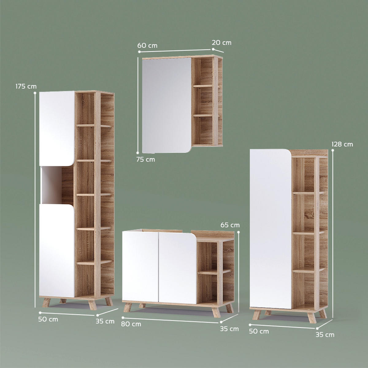 KOMPLET KOPALNIŠKEGA POHIŠTVA Marano, Sonoma/Bela, 4-delni - bela/hrast sonoma, leseni material (80/65/35cm) - Livinity®