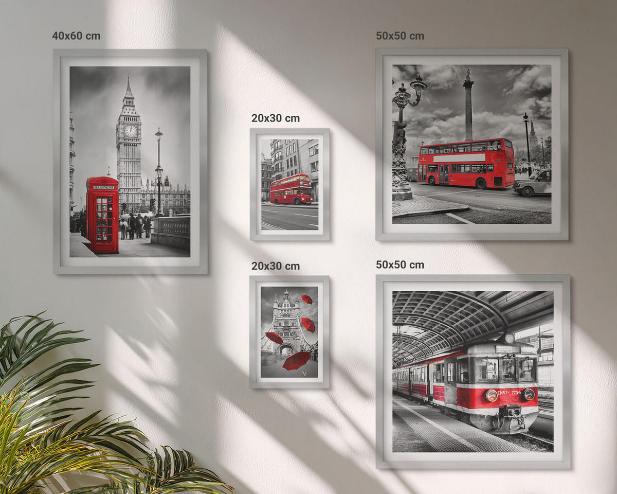 WANDBILDER 5er Set - 50x50 cm & 20x30 cm & 40x60 cm Silberner Rahmen - Tropischer Wald Papageienwasserfall - Silberfarben, Kunststoff (40/60cm) - ArtPrintCave