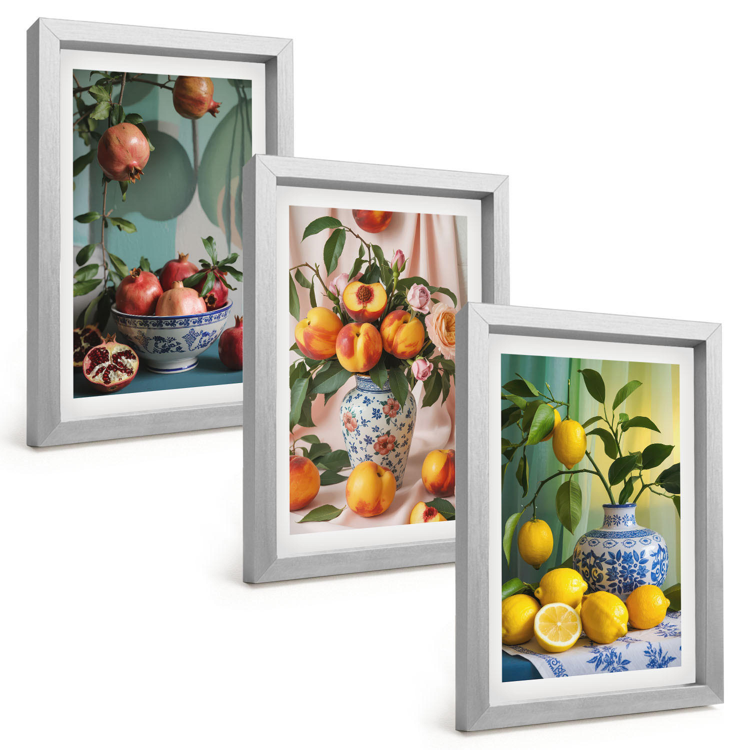 BILDER SET 3er Set - 20x30 cm Silberner Rahmen - Granatäpfel, Pfirsiche, Zitronen - Silberfarben, Kunststoff (20/30cm) - TULUP