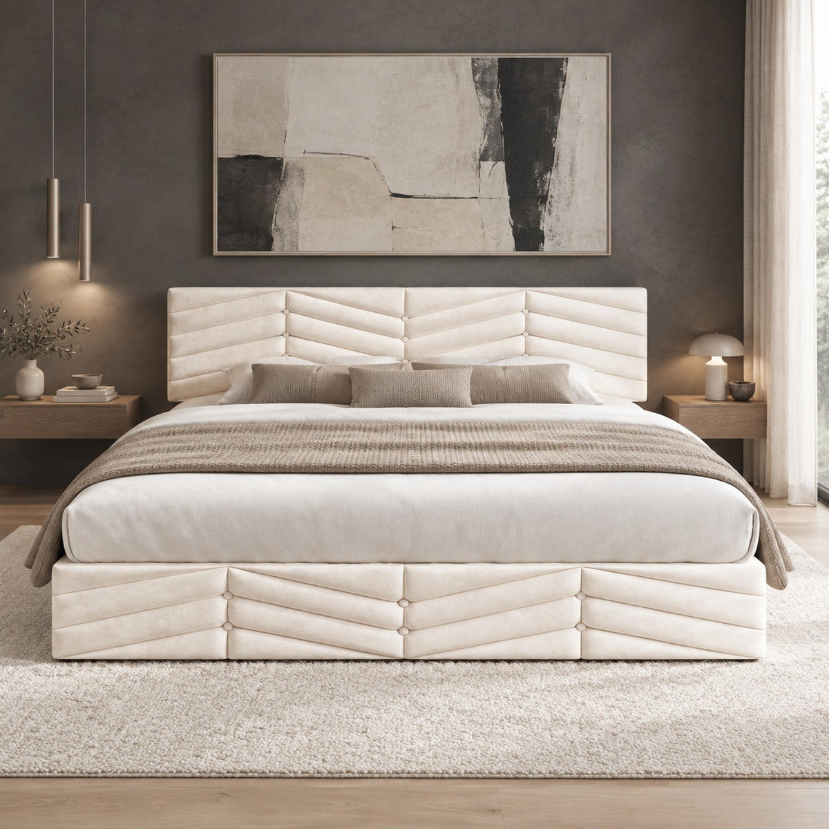 POLSTERBETT 160/200 mit Bettkasten und höhenverstellbarem Kopfteil in Beige - Beige, Holzwerkstoff/Textil (160/200cm) - EVRYAE