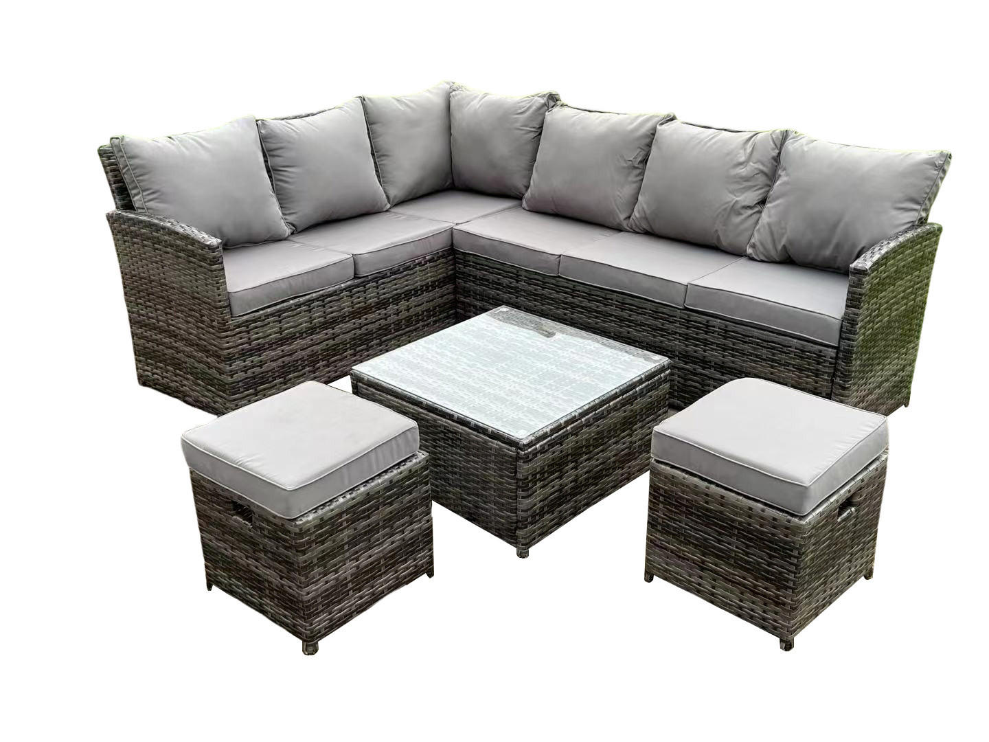 GARTENMÖBEL SET mit Quadratischer Couchtisch Polyrattan Dunkelgrau 8-Sitzer - Dunkelgrau/Grau, Glas/Kunststoff - Fimous