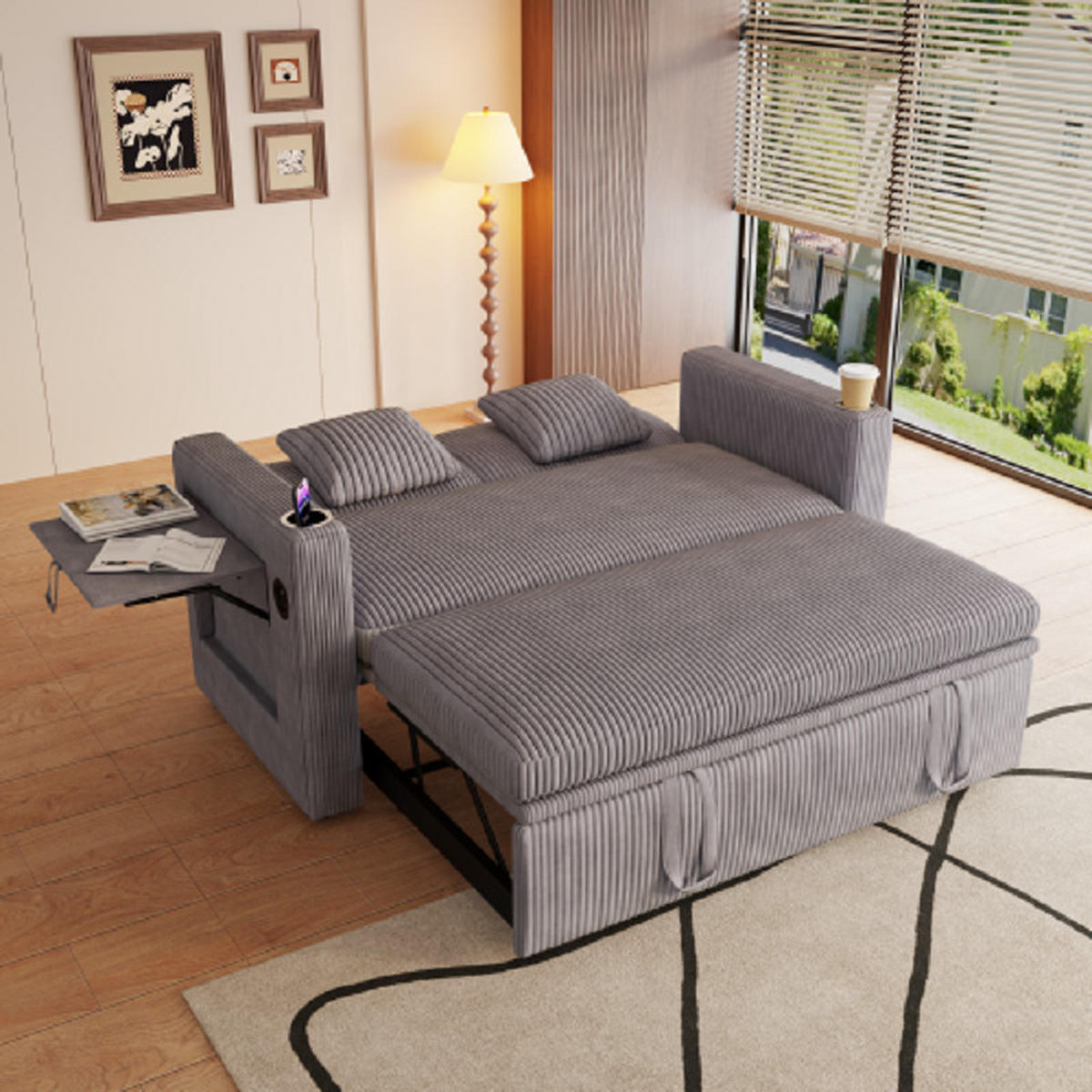 2-SITZER SCHLAFSOFA Cord Grau mit Bettkasten, USB und Type-C - Grau, Textil (145/85.5/132cm) - WISHDOR