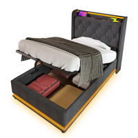 BETT mit Stauraum, LED und Matratze 90x200 cm Leinen Grau - Grau, Metall (90/200cm) - Meubliv