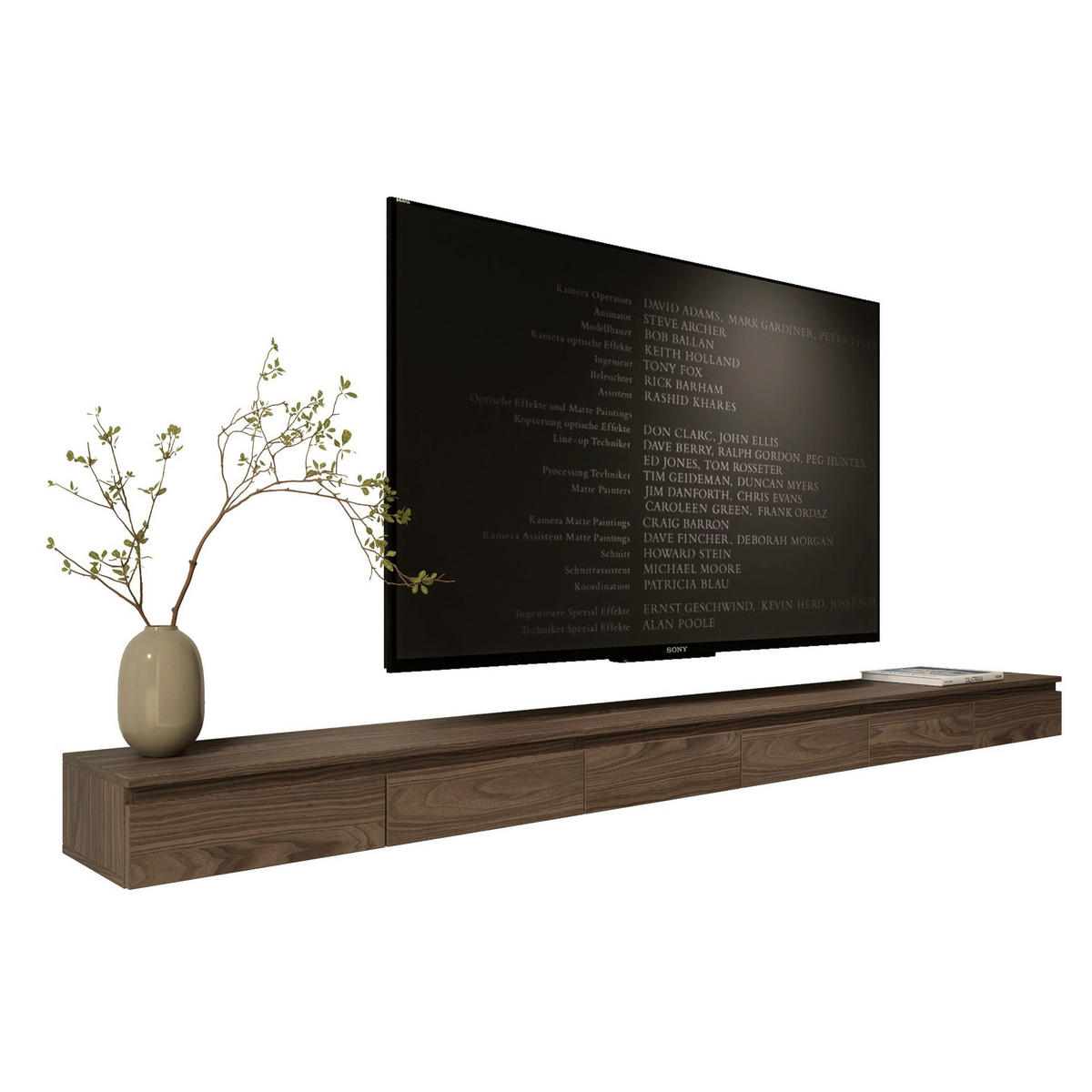 TV stolek Bemmi Slim šestidveřový, dekor ořech Wisconsin, 300 cm - tmavě hnědá, kompozitní dřevo (300/18.2/31.6cm) - Selsey