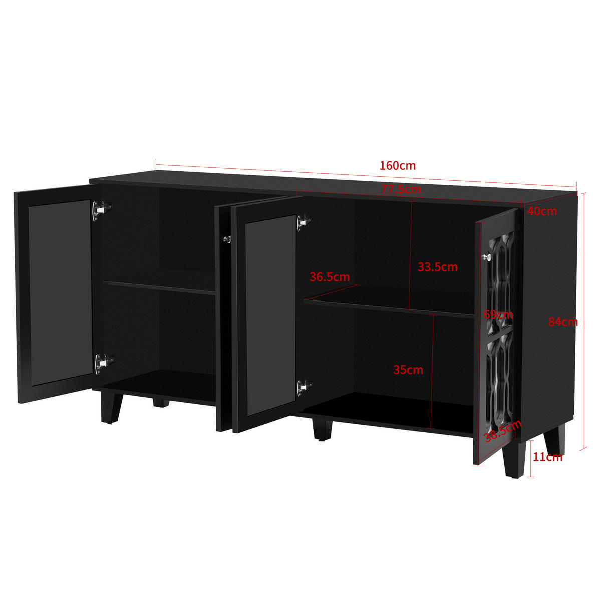 SIDEBOARD 4-türig 160 x 40 x 84 cm MDF Schwarz - Schwarz, Holzwerkstoff (160/84/40cm) - Meubliv