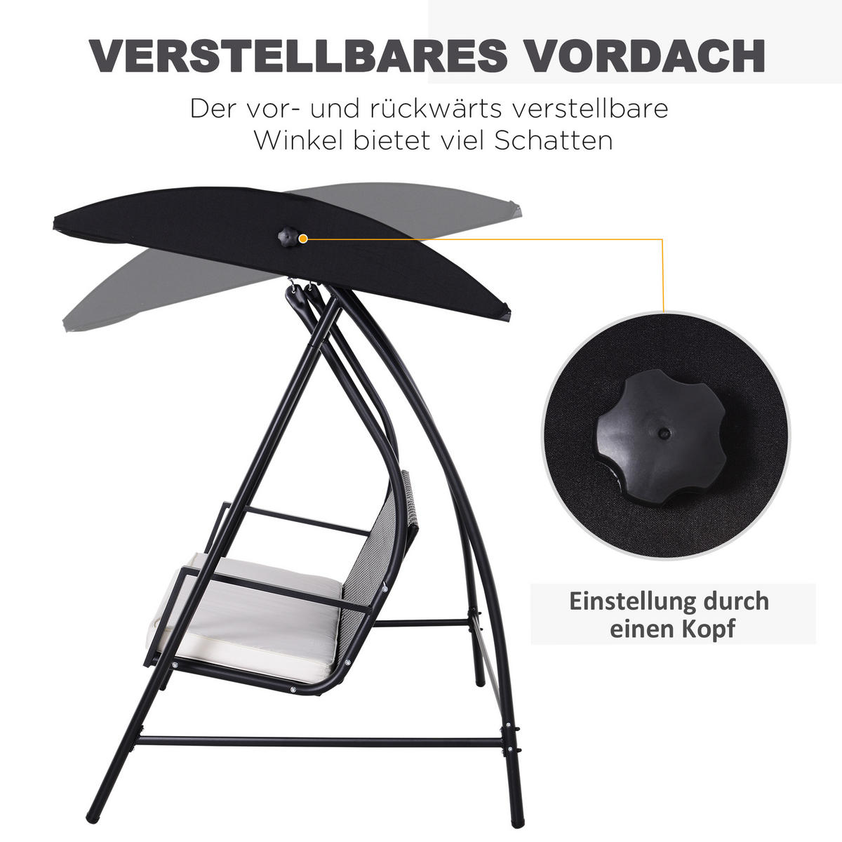 HOLLYWOODSCHAUKEL, mit Dach, Polyrattan+Metall, Schwarz, 198 x 124 x 179 cm - Schwarz, Metall (124/179/198cm) - Outsunny