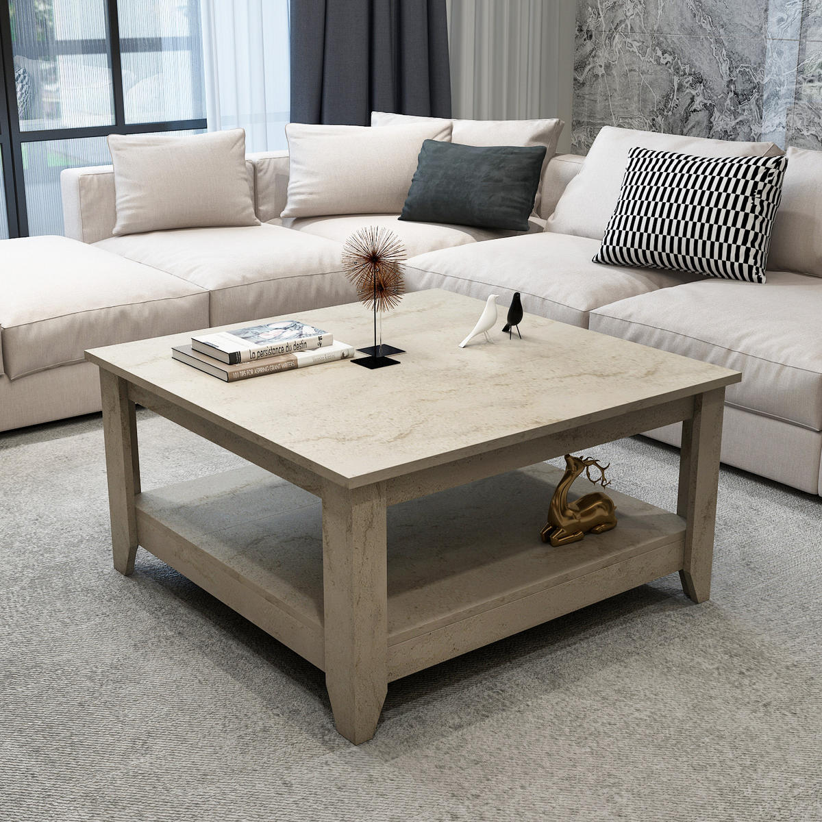 COUCHTISCH Lea Travertin - Creme, Holzwerkstoff (90/90/46.8cm) - Decorotika