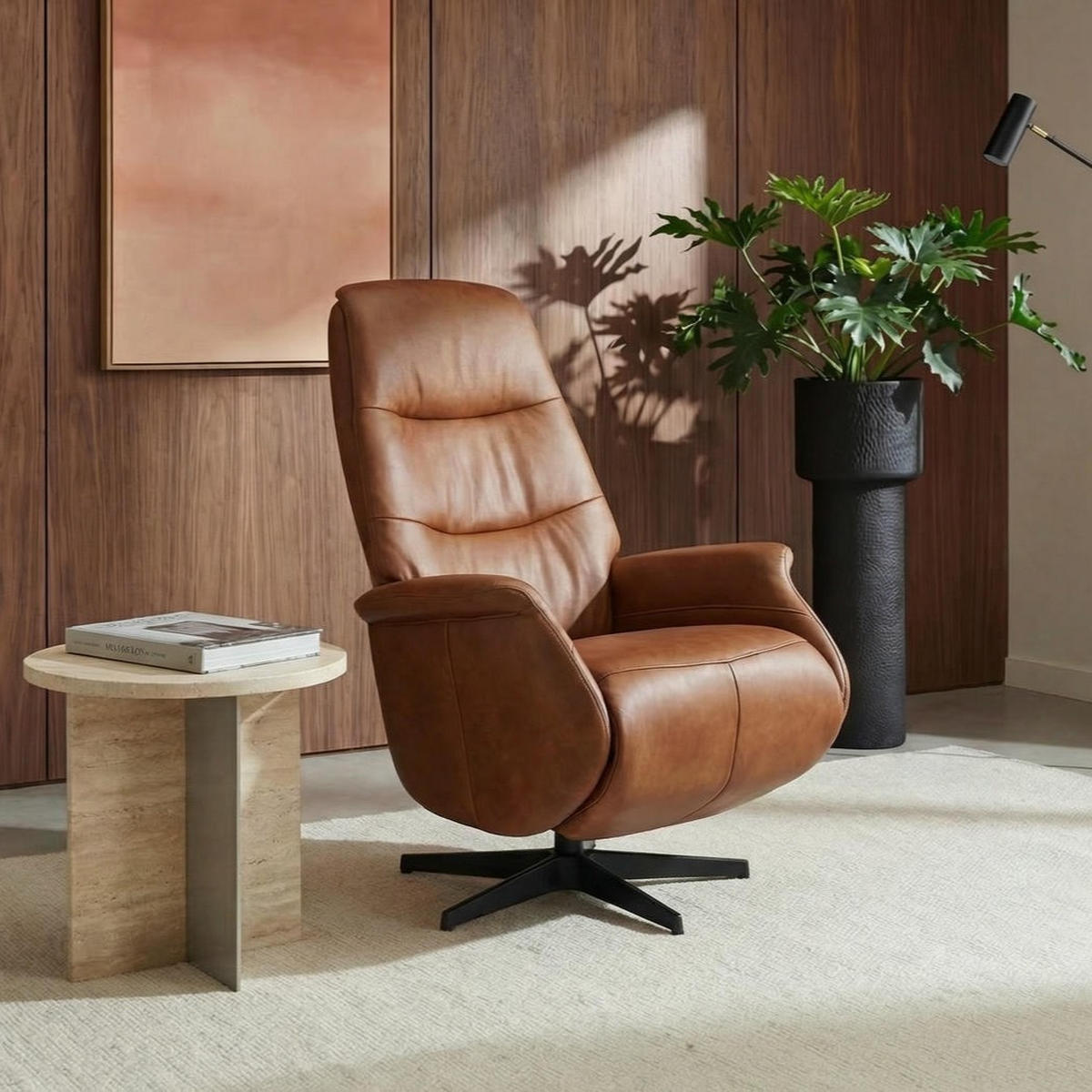 RELAXSESSEL Echtleder Cognac Braun - Schwarz/Braun, Leder/Metall (90/114/79cm) - Furnhouse