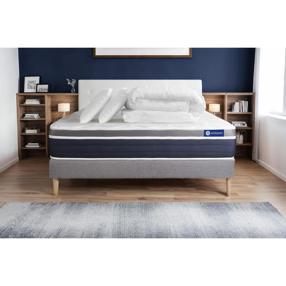 BETT Actilatex confort Latex und Memory-Schaum 160 x 200 cm h2 - Kit Bettgestell Grau - Mit Kissen und Bettdecke - Beige/Grau, Karton/Holz (160/200cm) - ACTISOM