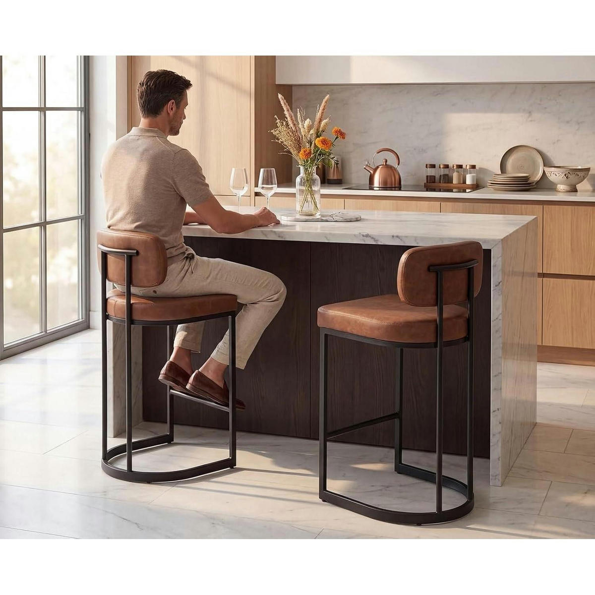 BARHOCKER 4er Set mit Rückenlehne Kunstleder Braun - Braun, Kunststoff (47/88.5/47.5cm)