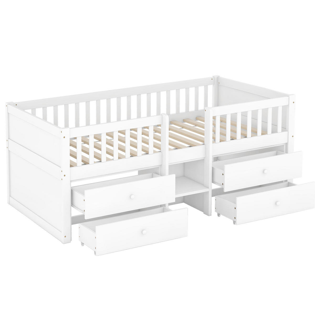 HALBHOHES Bett 90/200 cm mit 4 Schubladen, Sicherheitsgeländer und Leiter aus Kiefer , Weiß - Weiß, Holzwerkstoff (90/200cm) - Redom