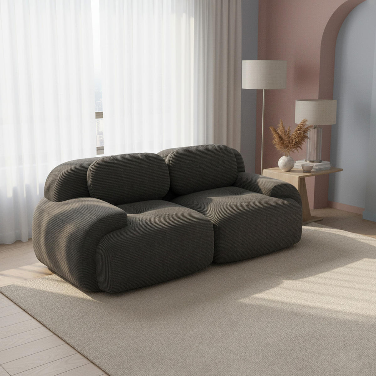 2-SITZER-SOFA in cordstoff rahmenloses design & modular kombinierbar - Grau, Textil (103/75/208cm) - Urban Meuble