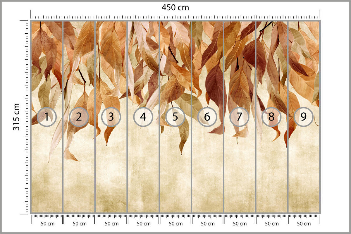 FOTOTAPETE Blätter Pflanzen Natur für Wohnzimmer 450x315 - Beige/Rot, Papier (450/315cm) - Muralo