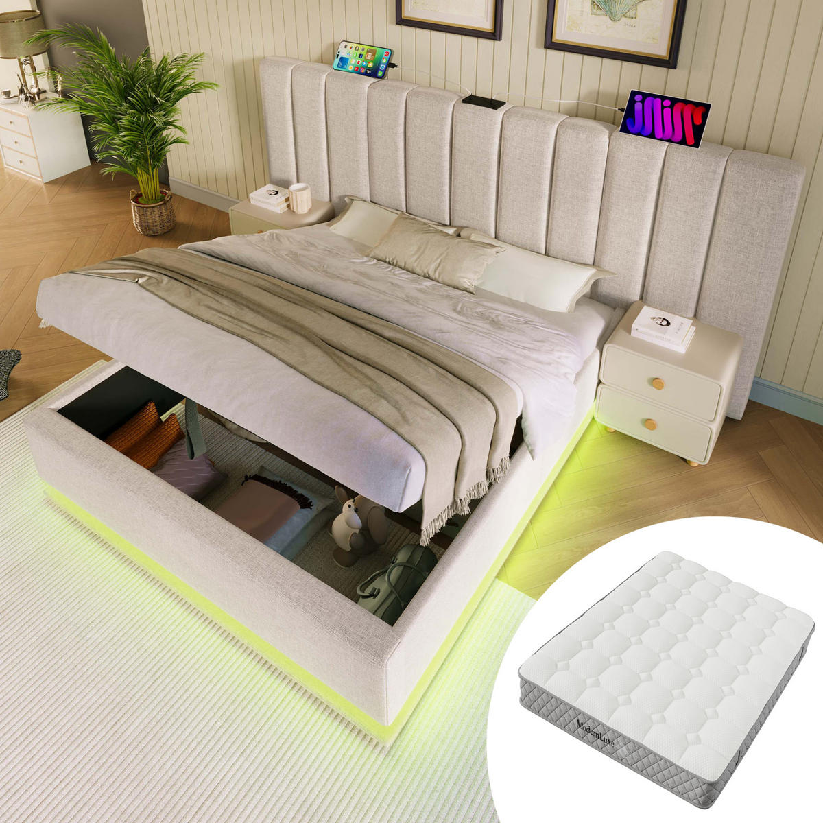 POLSTERBETT aus Leinen 180x200 cm Beige mit Bettkasten, LED-Beleuchtung, USB-C und 7-Zonen-Matratze - Beige, Textil (180/200cm) - IVMEU