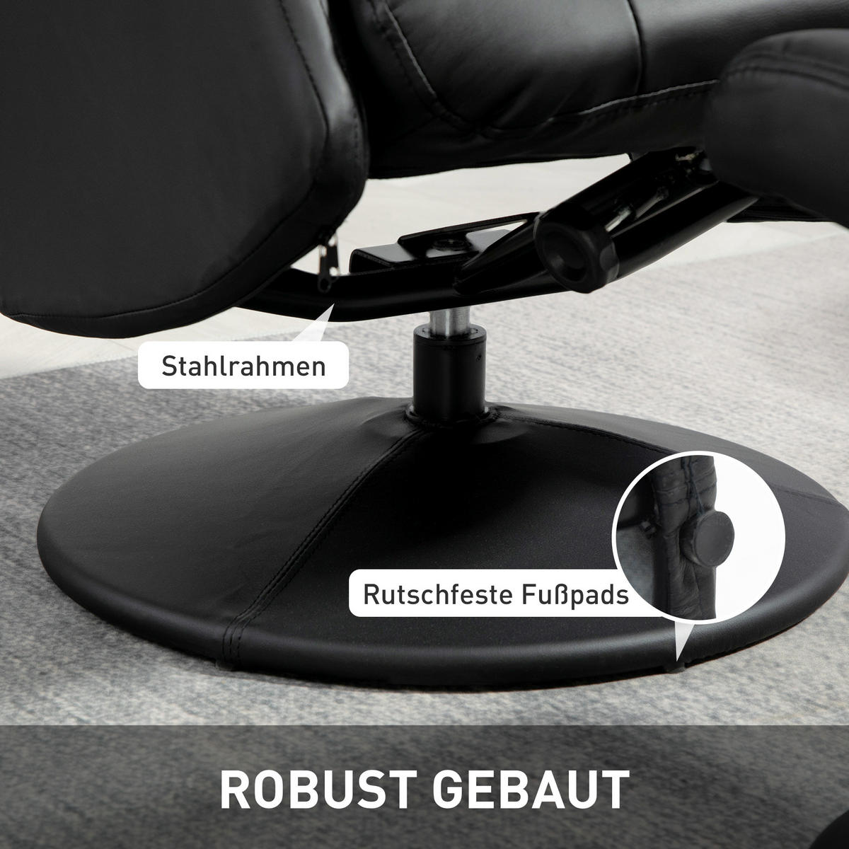 RELAXSESSEL mit Hocker 360°Drehbarer Fernsehsessel mit Liegefunktion Schwarz - Schwarz, Leder/Kunststoff (70/105/79cm) - HOMCOM