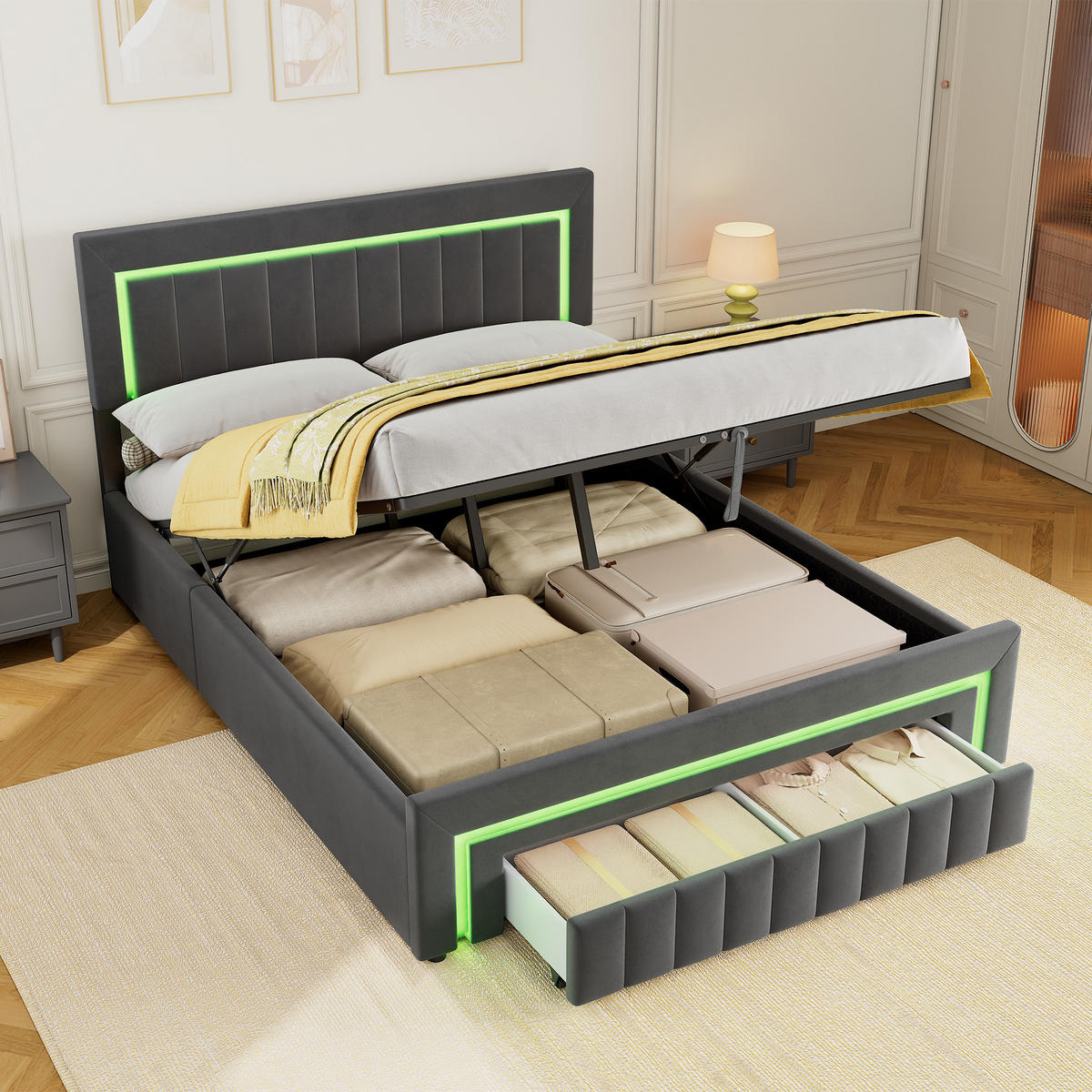 POLSTERBETT 160x200 Doppelbett mit Matratze,mit LED Beleuchtung,mit Stauraum,Grau - Grau, Holzwerkstoff/Textil (160/200cm) - EVRYAE