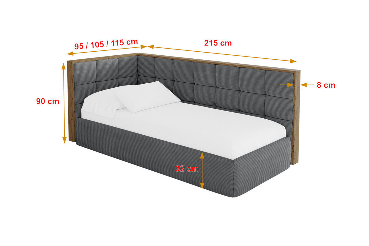EINZELLBETT Jugendbett mit Bettkasten, Rechts - SOVY 100x200 Dunkelgrau - Schieferfarben, Holzwerkstoff/Textil (100/200cm) - ALTDECOR