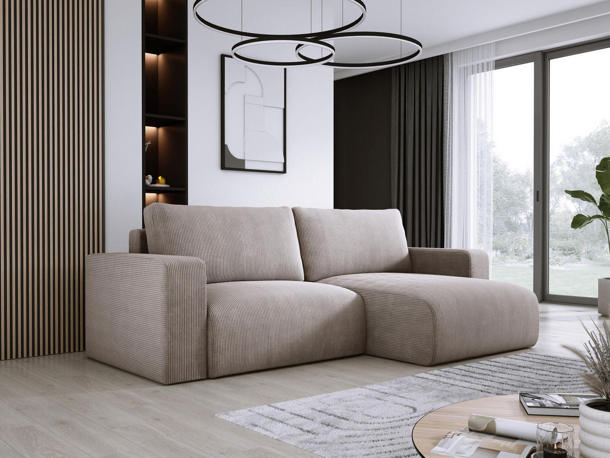 ECKSOFA Carl L-förmig Schlaffunktion und Bettkasten weicher Cordstoff flexibel stellbar lose Rückenkissen freistehend RECHTS 247x143x83cm Cappuccino - Cappuccino, Holz/Textil (247/143cm) - DomoHome