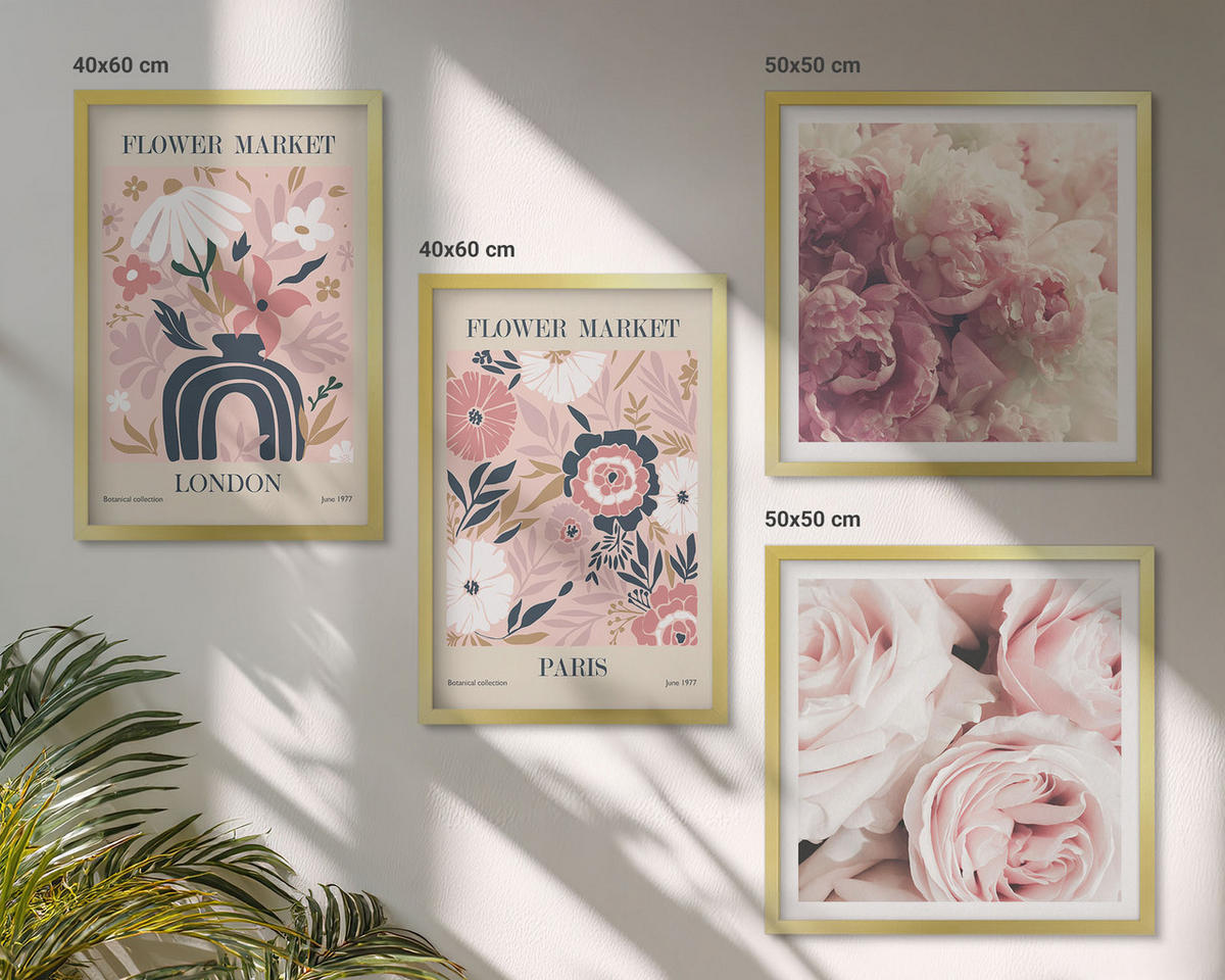 WANDBILDER 4er Set - 50x50 cm & 40x60 cm Goldrahmen - Blumenmotive Rosen Paris - Goldfarben, Kunststoff (50/50cm) - ArtPrintCave