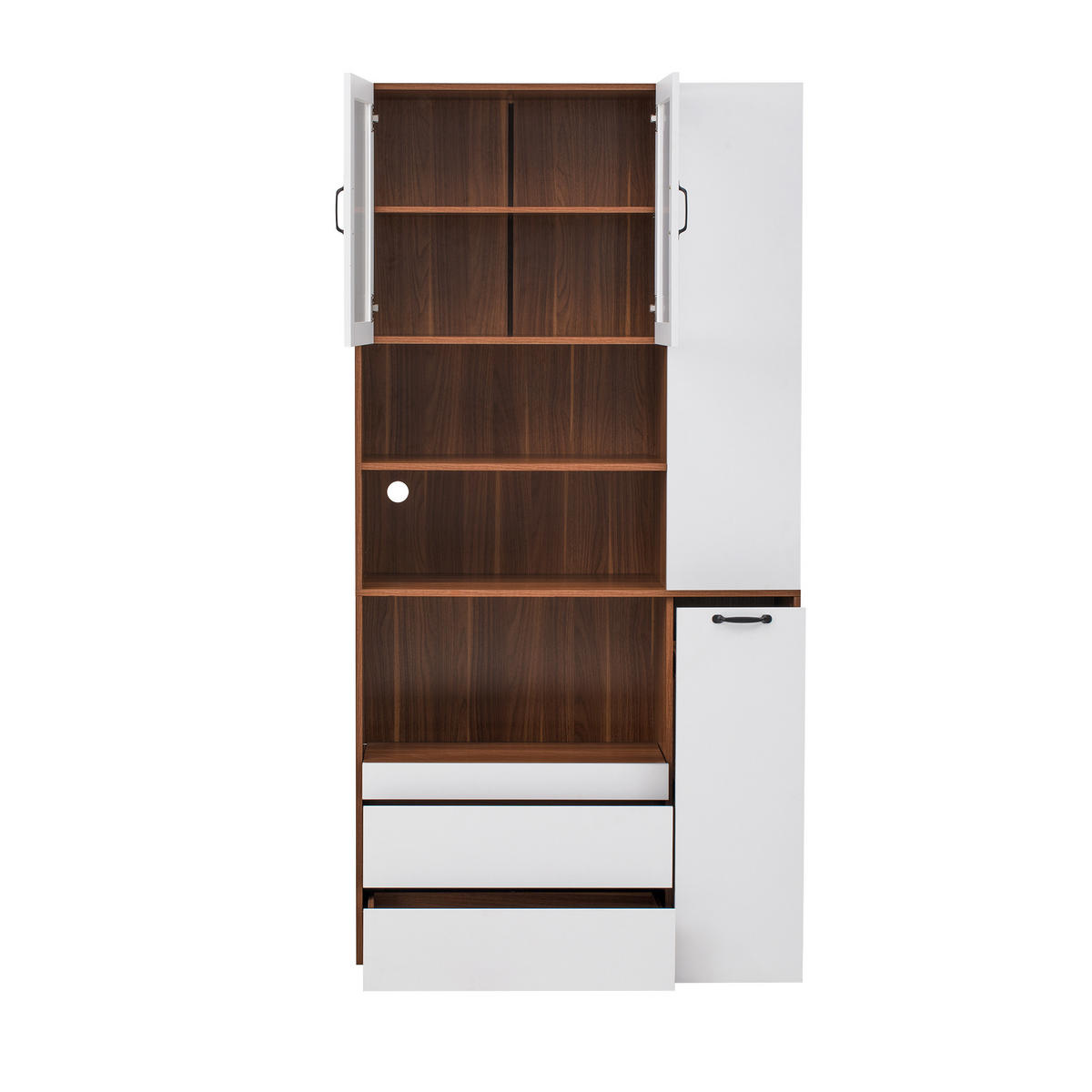 BUFFET Buffetschrank mit Riffelglas, offenen Fächern & Schubladen, Weiß/Holzoptik, modernes Stauraumsystem, MDF - Walnussfarben/Weiß, Glas/Holzwerkstoff (100/200/40cm) - EVRYAE