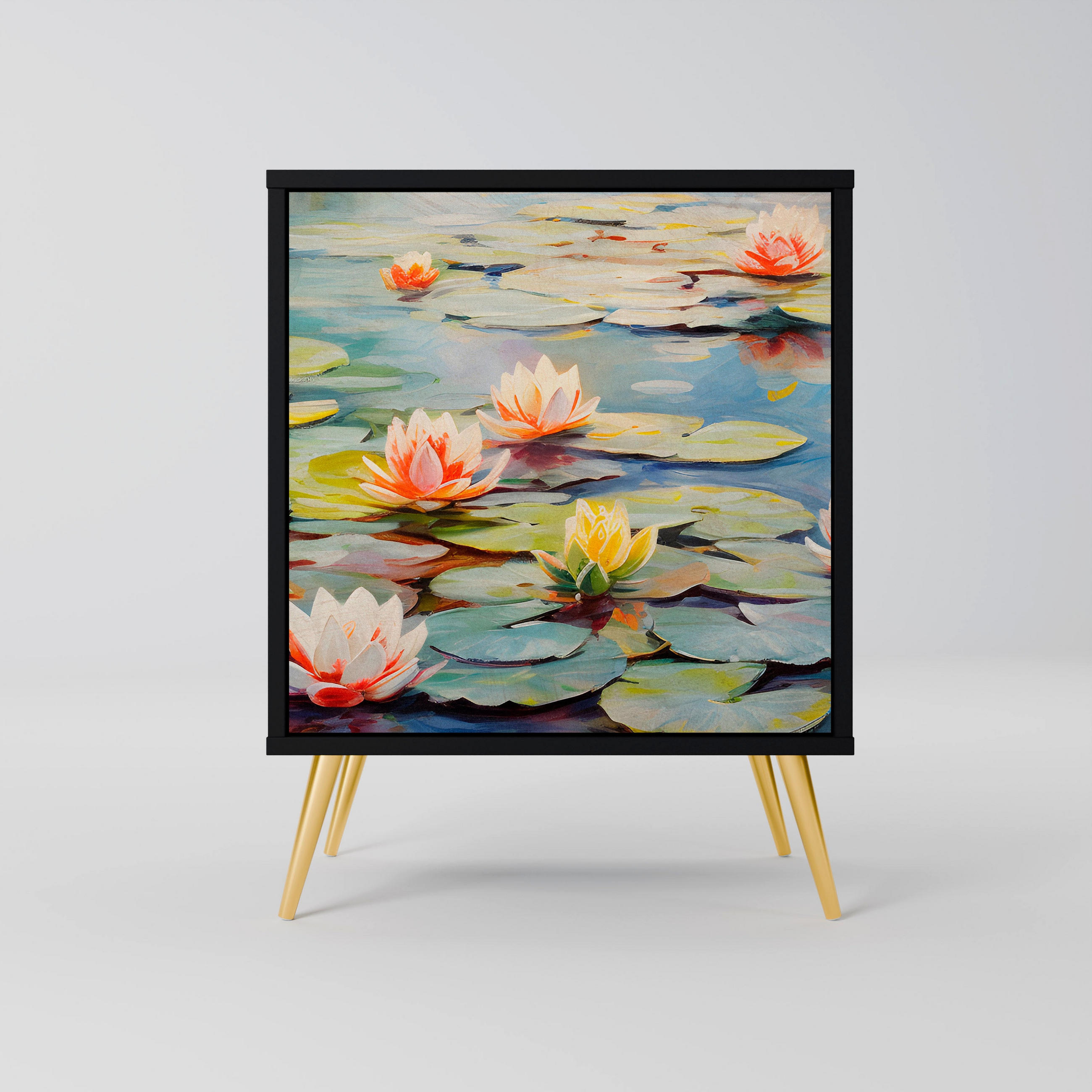 SIDEBOARD BLOOMING WATERS, Schwarz, 57,5x42x75,5 cm, Goldfarbene Metallfüße - Goldfarben/Multicolor, Holzwerkstoff/Metall (57.5/75.5/42cm) - SpaceRebels