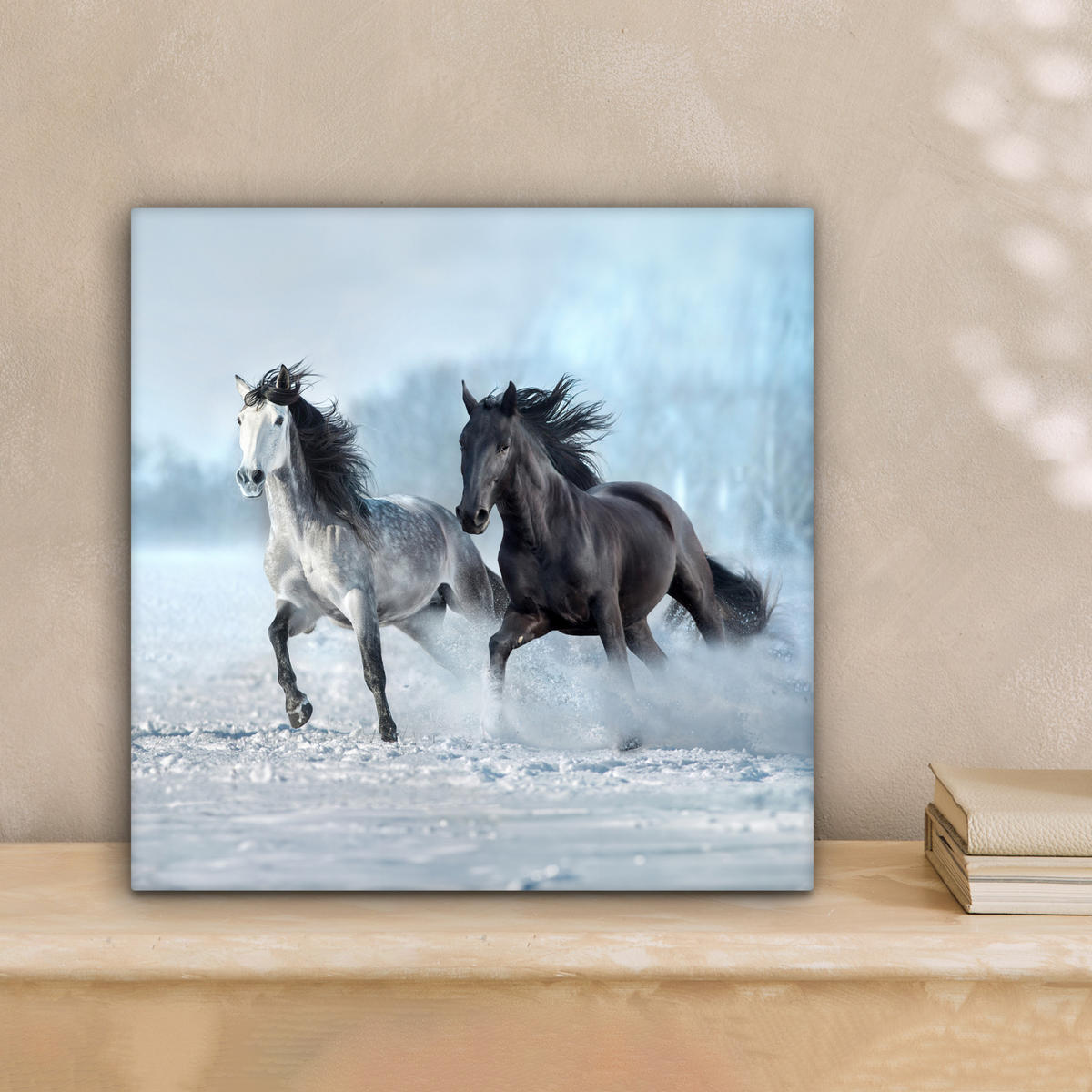 LEINWANDBILD Pferde - Winter - Tiere - Natur - Schnee Deko Wohnzimmer 20x20 cm - Anthrazit, Textil (20/20cm) - MuchoWow