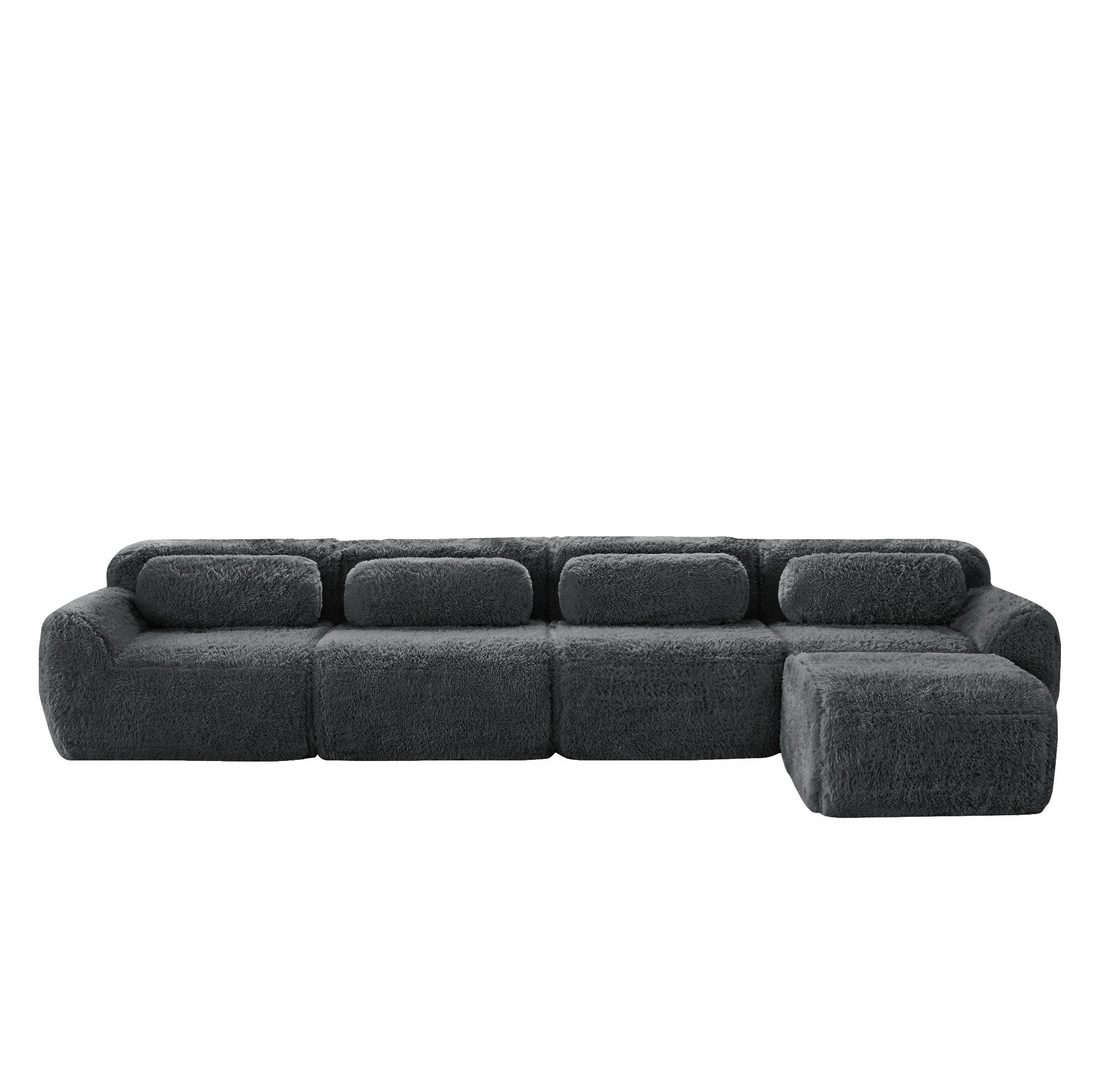 ECKSOFA 378/179/73 cm grau aus Plüsch als 4-Sitzer mit modularem Ottomanen - Grau, Textil (179/378cm) - OKWISH