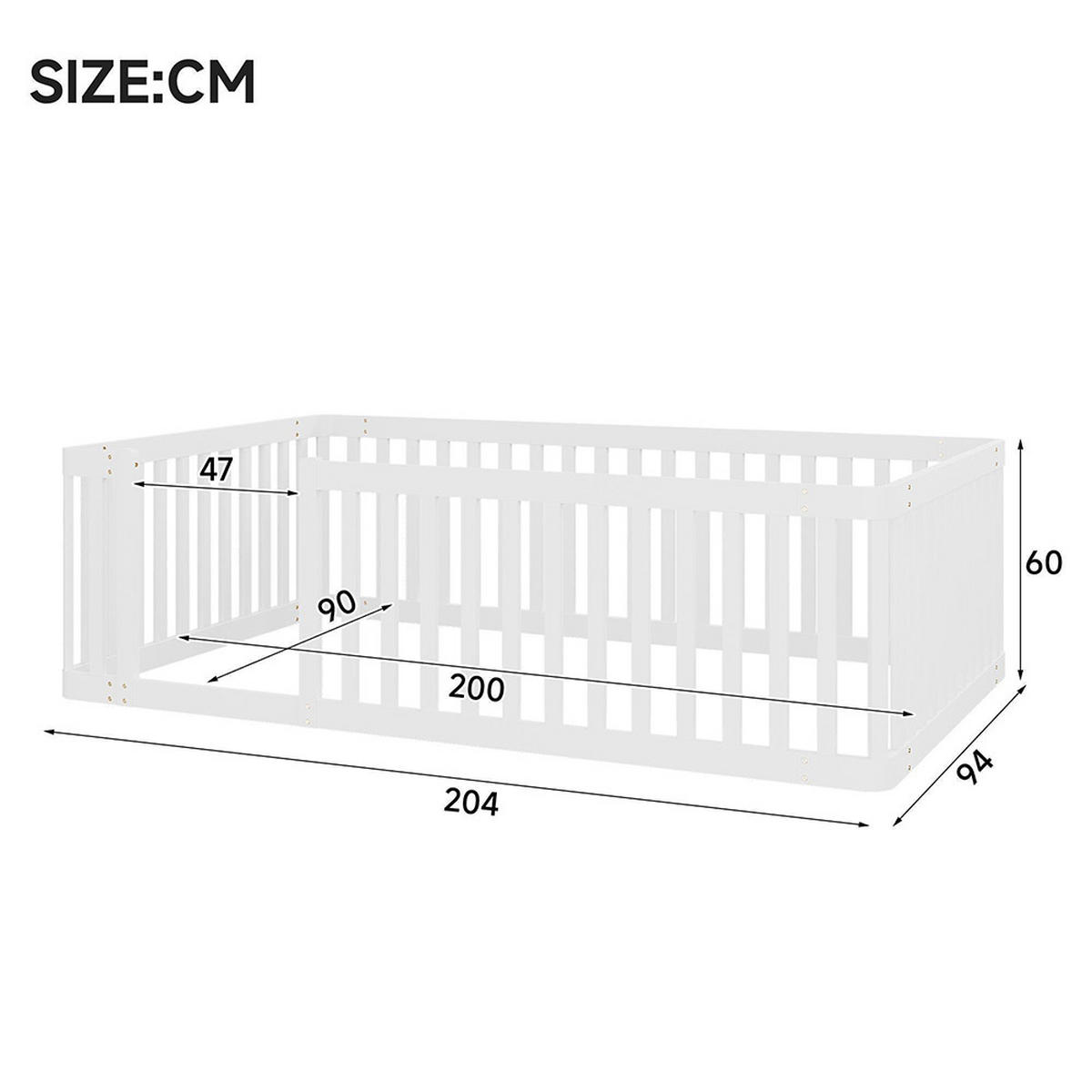 PLATTFORMBETT 90x200 cm mit Zaun, Weiß - Weiß, Holz (90/200cm) - KOMHTOM