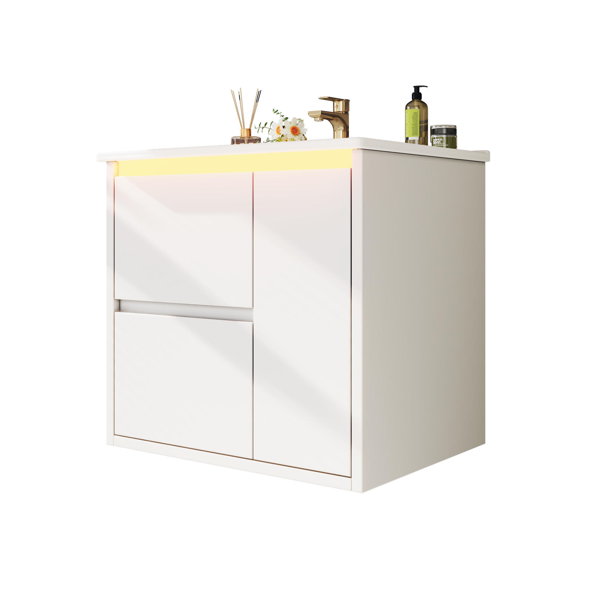 WANDWASCHTISCH aus MDF und Keramik 61x46,5x57 cm Weiß mit LED-Radarsensorleuchte und Soft-Close - Weiß, Keramik (61/57/46.5cm) - Modfu