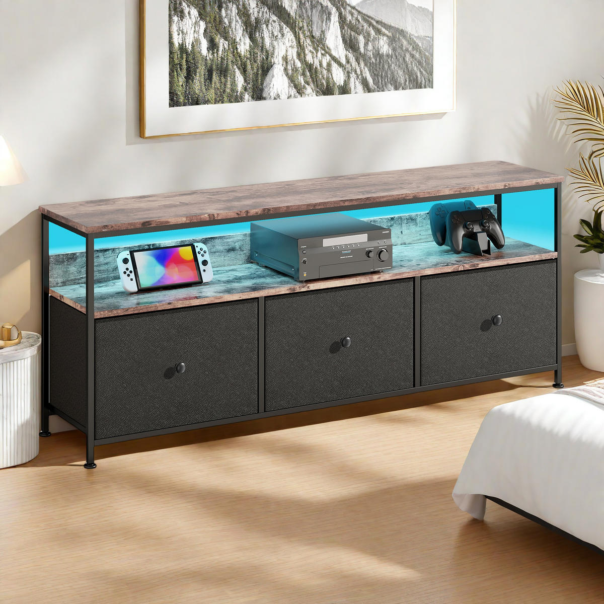 TV-SCHRANK 137 cm mit LED, 3 Stoffschubladen & Offene Fächer - Schwarz, Holz (30/57/108cm)