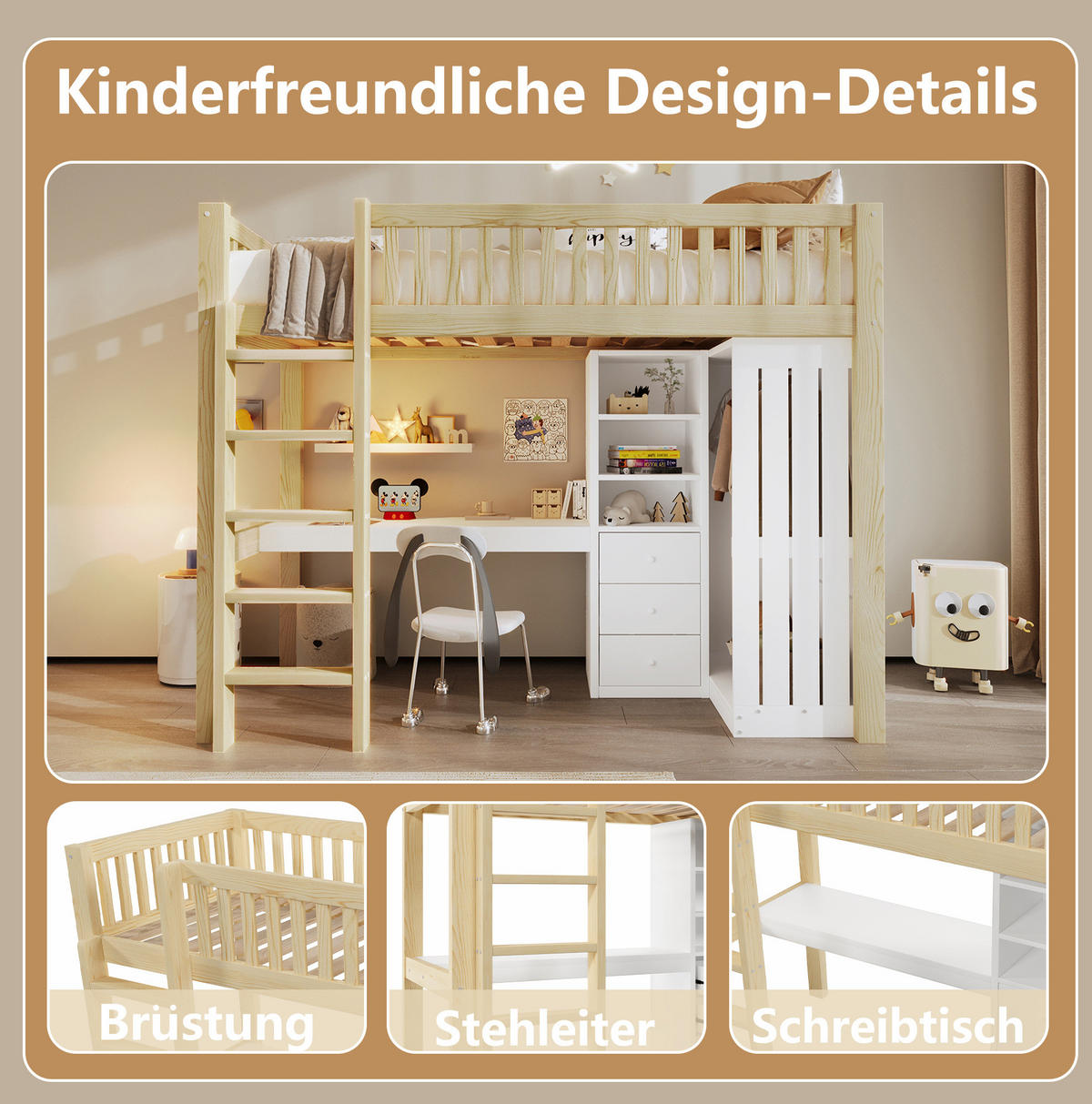 HOCHBETT mit Schreibtisch 90/200 cm in Natur – mit Stauraum, Treppe und Rausfallschutz - Naturfarben, Holz (90/200cm) - BEAOK